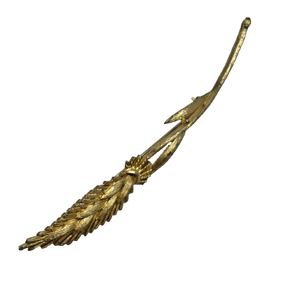 Vintage Gold Tone Feather Wheat Spray Brooch Pin 4.5in Ornate